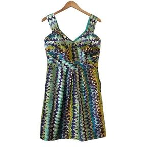 KAY UNGER Silk Cocktail Dress- Bright Ikat Print -Short Pleated Bustier sz 10
